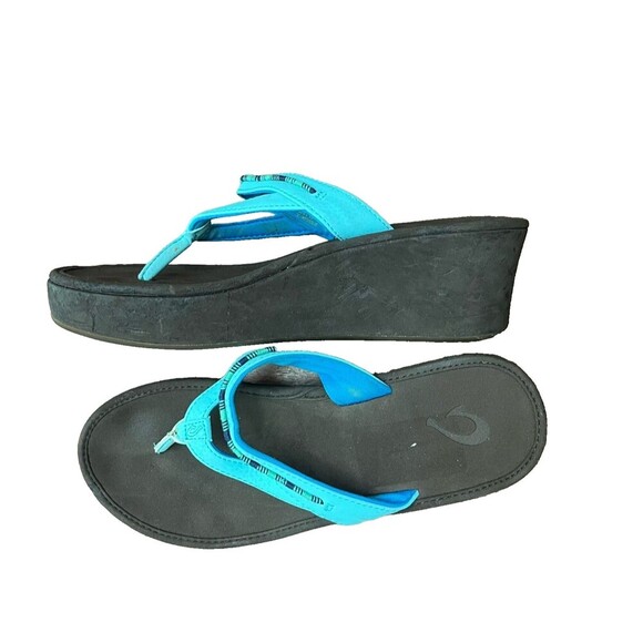 Olukai Auhele-W Women Blue Thong Sandals W 9 Synthetic Rubber Wedge Slip On - Picture 1 of 7